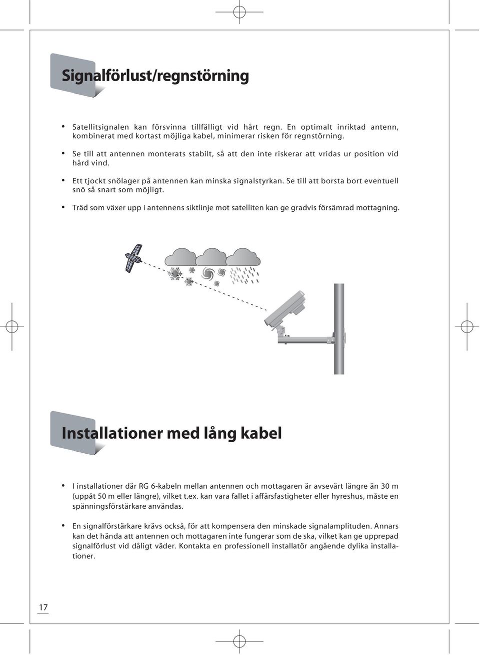 Se till att borsta bort eventuell snö så snart som möjligt. Träd som växer upp i antennens siktlinje mot elliten kan ge gradvis försämrad mottagning.