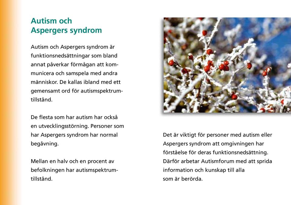 Personer som har Aspergers syndrom har normal begåvning. Mellan en halv och en procent av befolkningen har autismspektrumtillstånd.