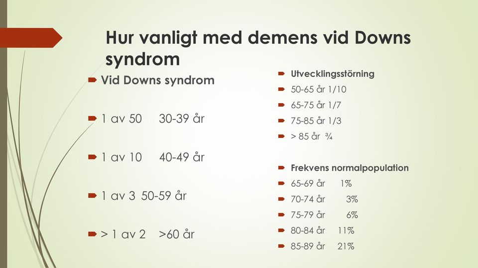 85 år ¾ 1 av 10 40-49 år 1 av 3 50-59 år > 1 av 2 >60 år Frekvens