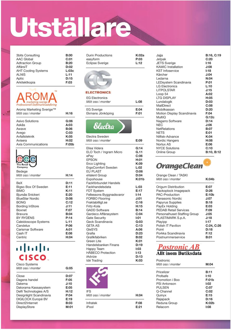 Snickeri E:20 BlueStar Nordic D:06 BONG C:12 Bording InStore J:11 Boxnet F:07 Bravura B:04 BY RYDÉNS P:14 Caleidoscope Systems L:11 Candelux P:06 Carismar Software A:01 Cash IT E:08 Centric H:04