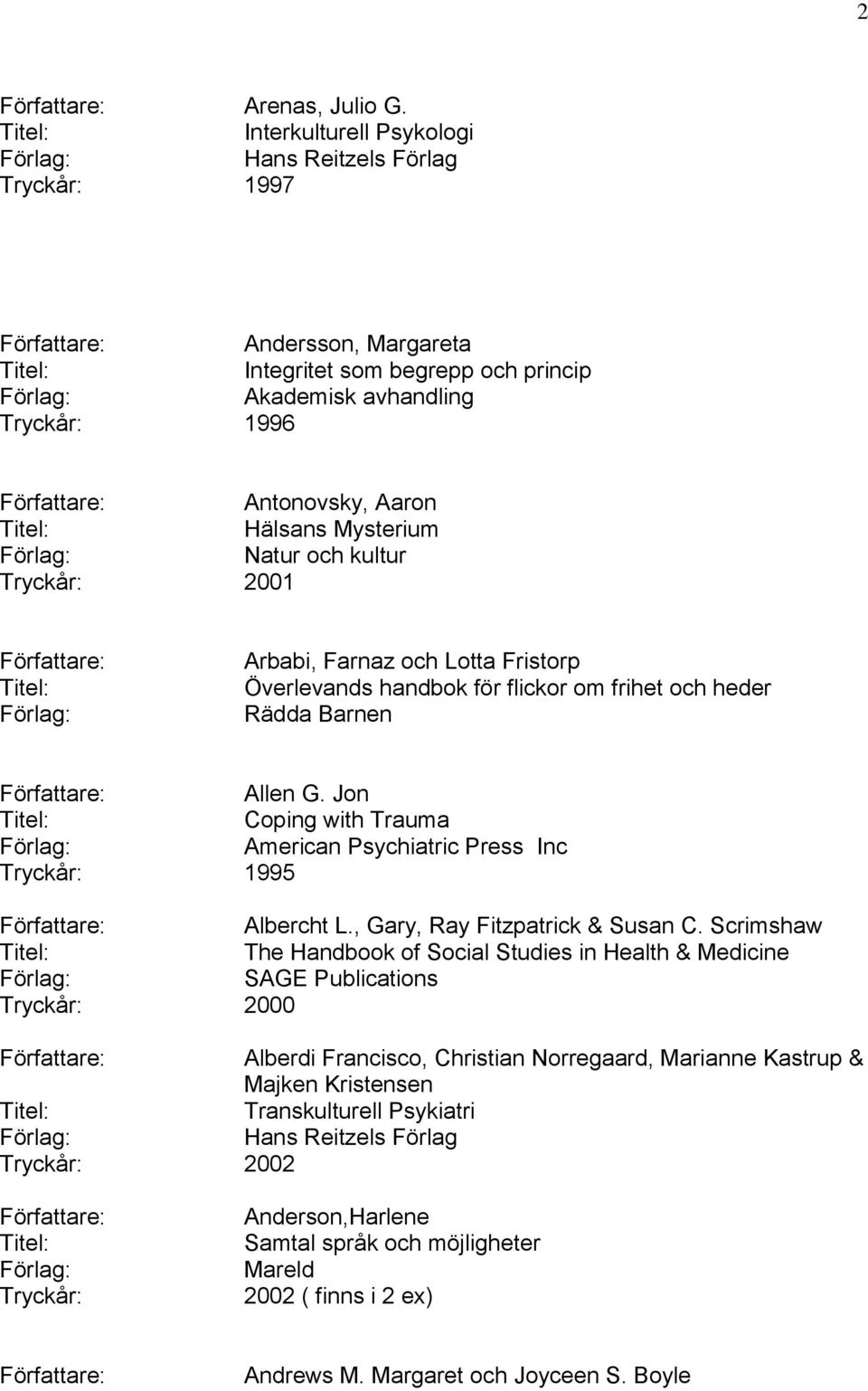 kultur Tryckår: 2001 Arbabi, Farnaz och Lotta Fristorp Överlevands handbok för flickor om frihet och heder Rädda Barnen Allen G.