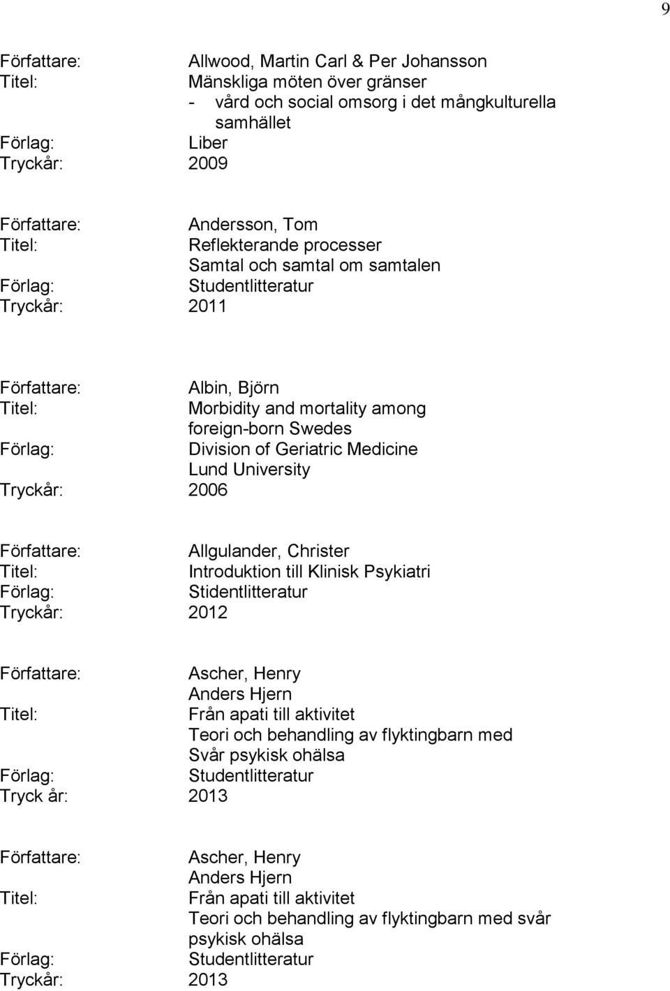 Allgulander, Christer Introduktion till Klinisk Psykiatri Stidentlitteratur Tryckår: 2012 Ascher, Henry Anders Hjern Från apati till aktivitet Teori och behandling av flyktingbarn med