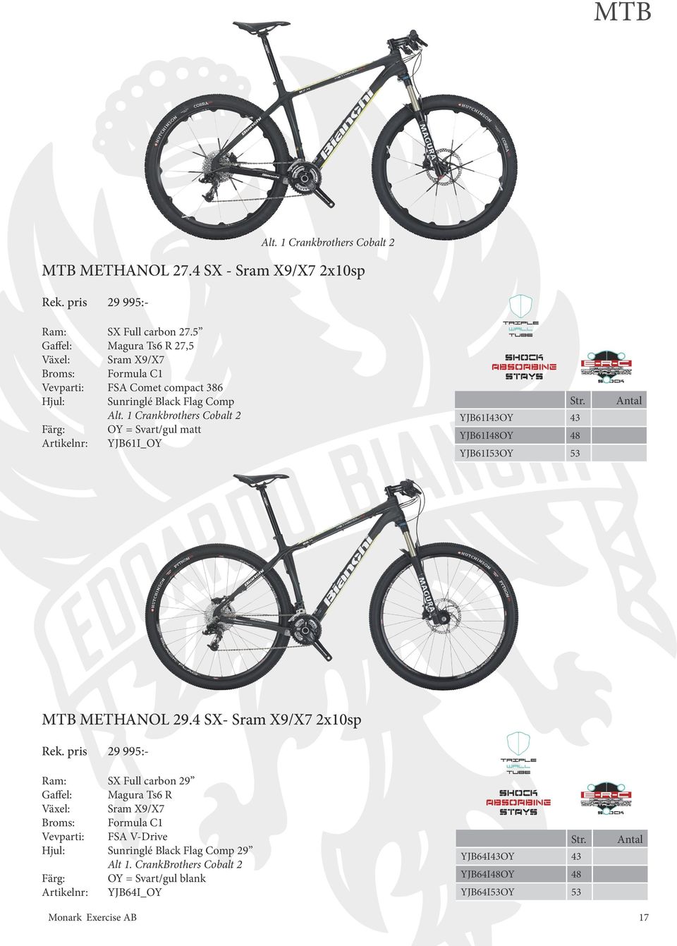 1 Crankbrothers Cobalt 2 OY = Svart/gul matt Artikelnr: YJB61I_OY Alt. 1 Crankbrothers Cobalt 2 YJB61I43OY 43 YJB61I48OY 48 YJB61I53OY 53 MTB METHANOL 29.