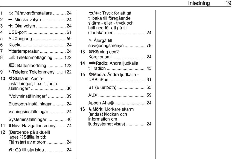 .. 24 Visningsinställningar... 24 Systeminställningar... 40 11 ýnav: Navigationsmeny... 74 12 (Beroende på aktuellt läge) ßStälla in tid: Fjärrstart av motorn... 24 7: Gå till startsida.