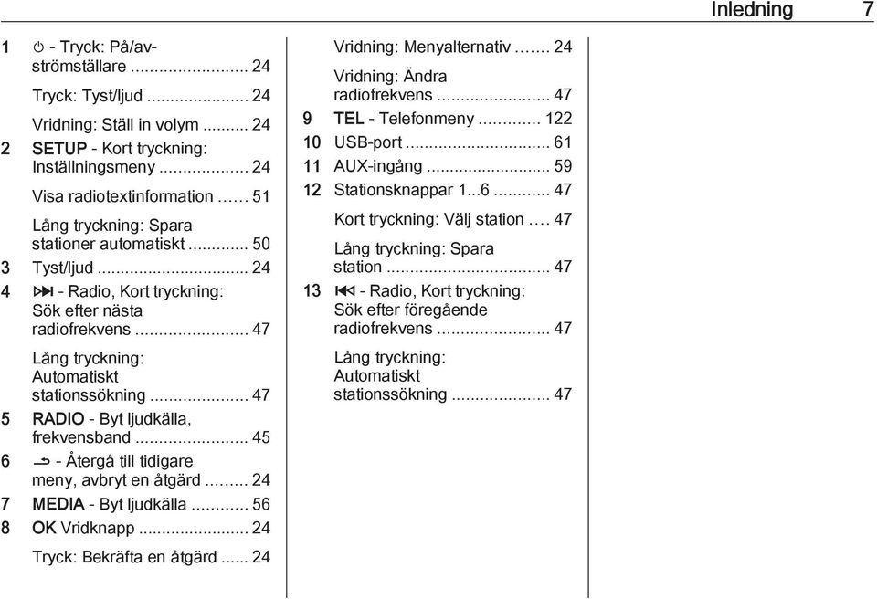 .. 47 5 RADIO - Byt ljudkälla, frekvensband... 45 6 / - Återgå till tidigare meny, avbryt en åtgärd... 24 7 MEDIA - Byt ljudkälla... 56 8 OK Vridknapp... 24 Tryck: Bekräfta en åtgärd.