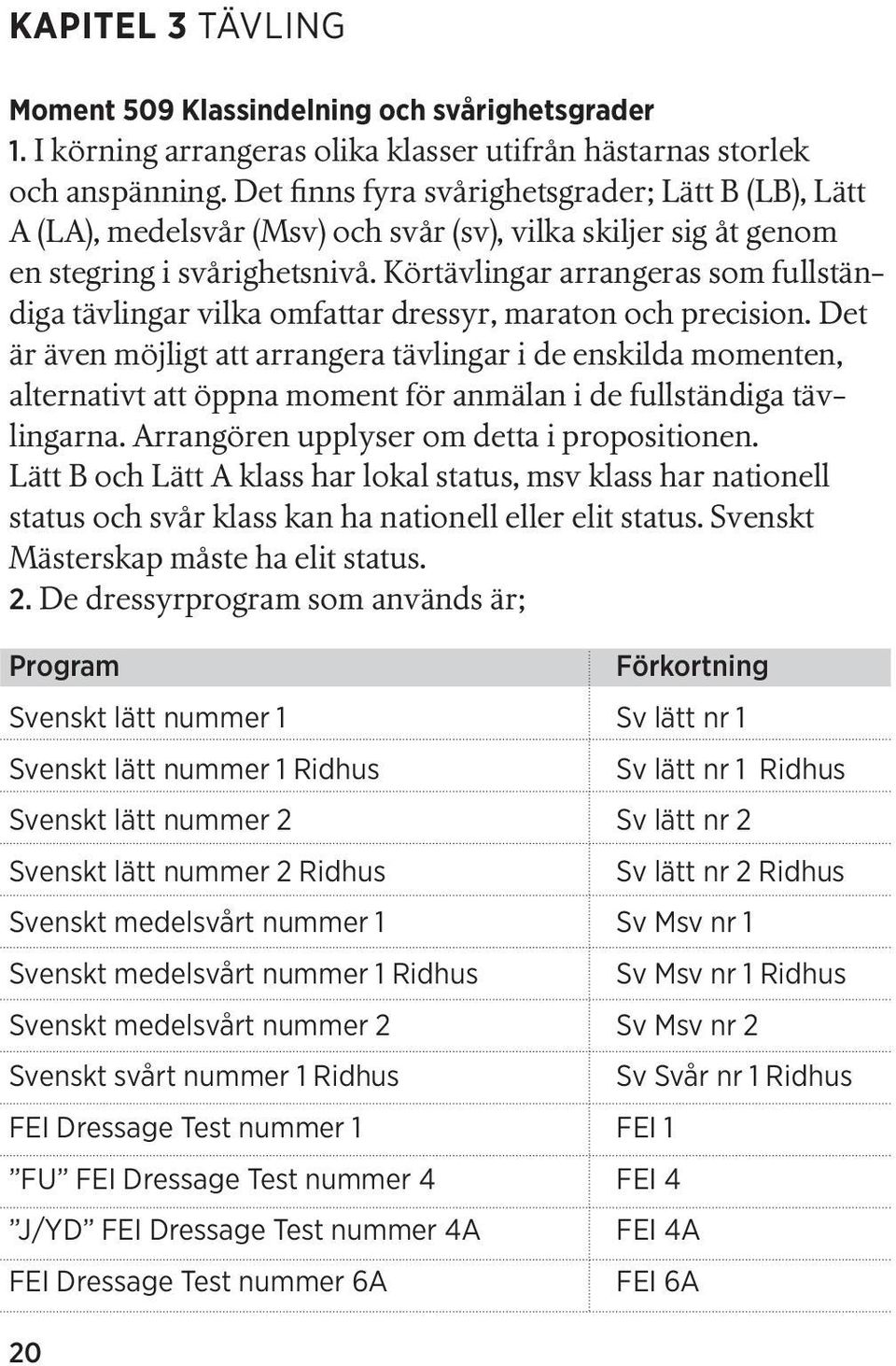 Körtävlingar arrangeras som fullständiga tävlingar vilka omfattar dressyr, maraton och precision.