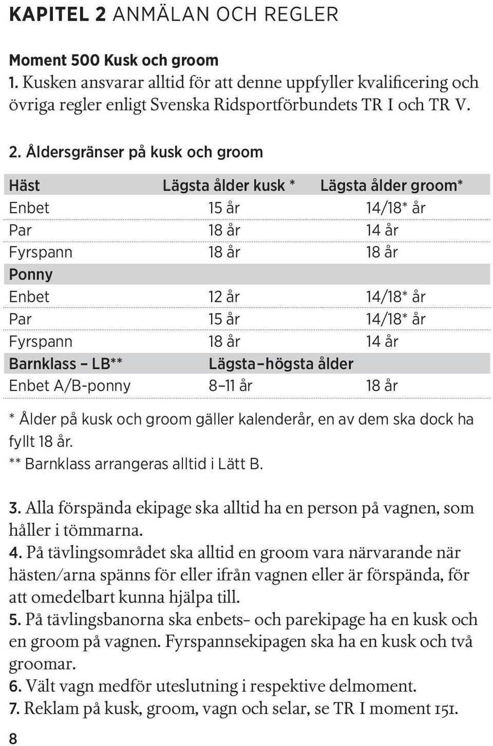 Åldersgränser på kusk och groom Häst Lägsta ålder kusk * Lägsta ålder groom* Enbet 15 år 14/18* år Par 18 år 14 år Fyrspann 18 år 18 år Ponny Enbet 12 år 14/18* år Par 15 år 14/18* år Fyrspann 18 år