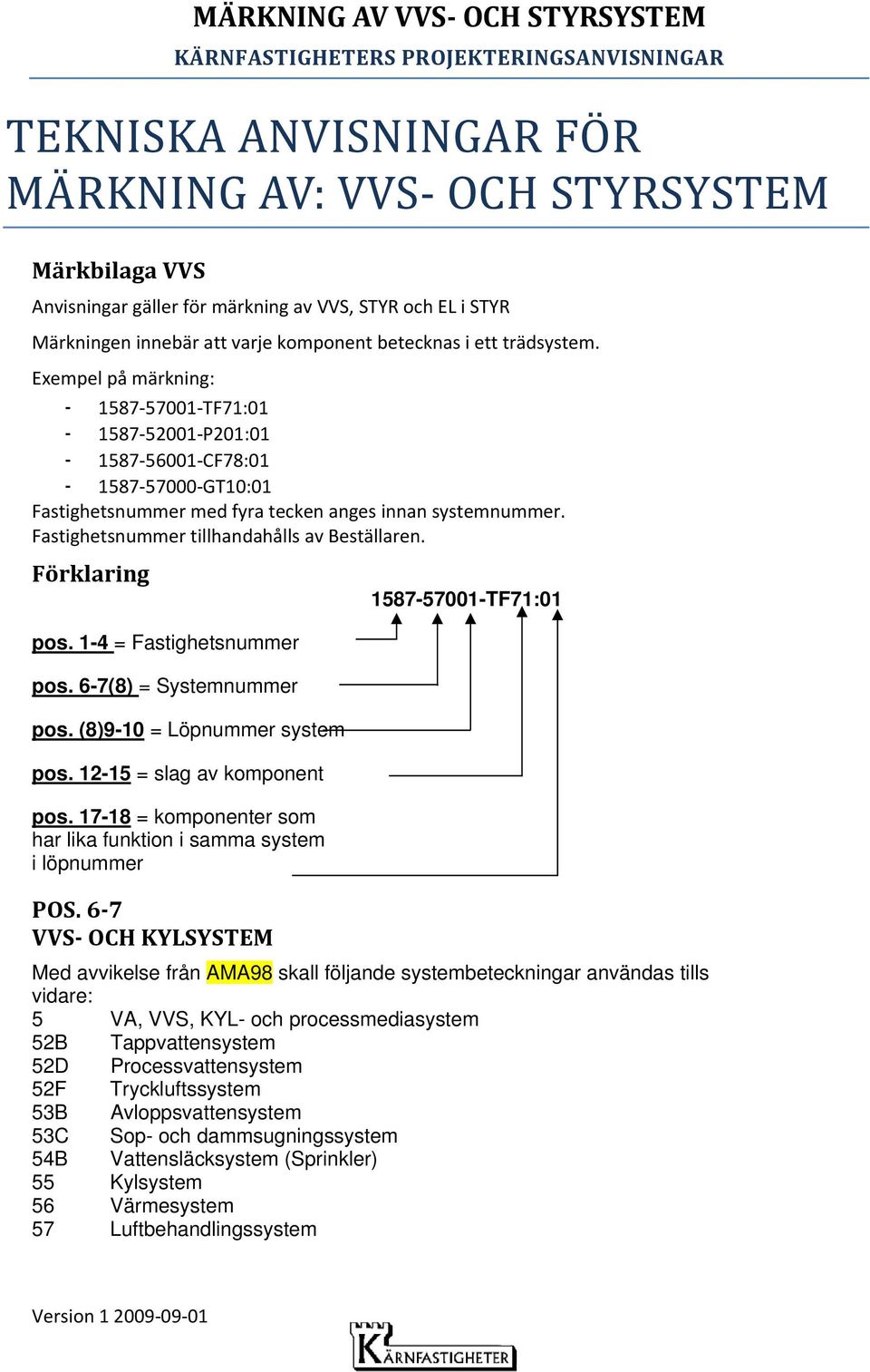 Fastighetsnummer tillhandahålls av Beställaren. Förklaring pos. 1-4 = Fastighetsnummer pos. 6-7(8) = Systemnummer pos. (8)9-10 = Löpnummer system pos. 12-15 = slag av komponent pos.