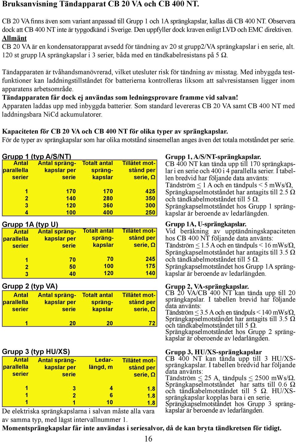 Allmänt CB 20 VA är en kondensatorapparat avsedd för tändning av 20 st grupp2/va sprängkapslar i en serie, alt. 20 st grupp la sprängkapslar i 3 serier, båda med en tändkabelresistans på 5 Ω.