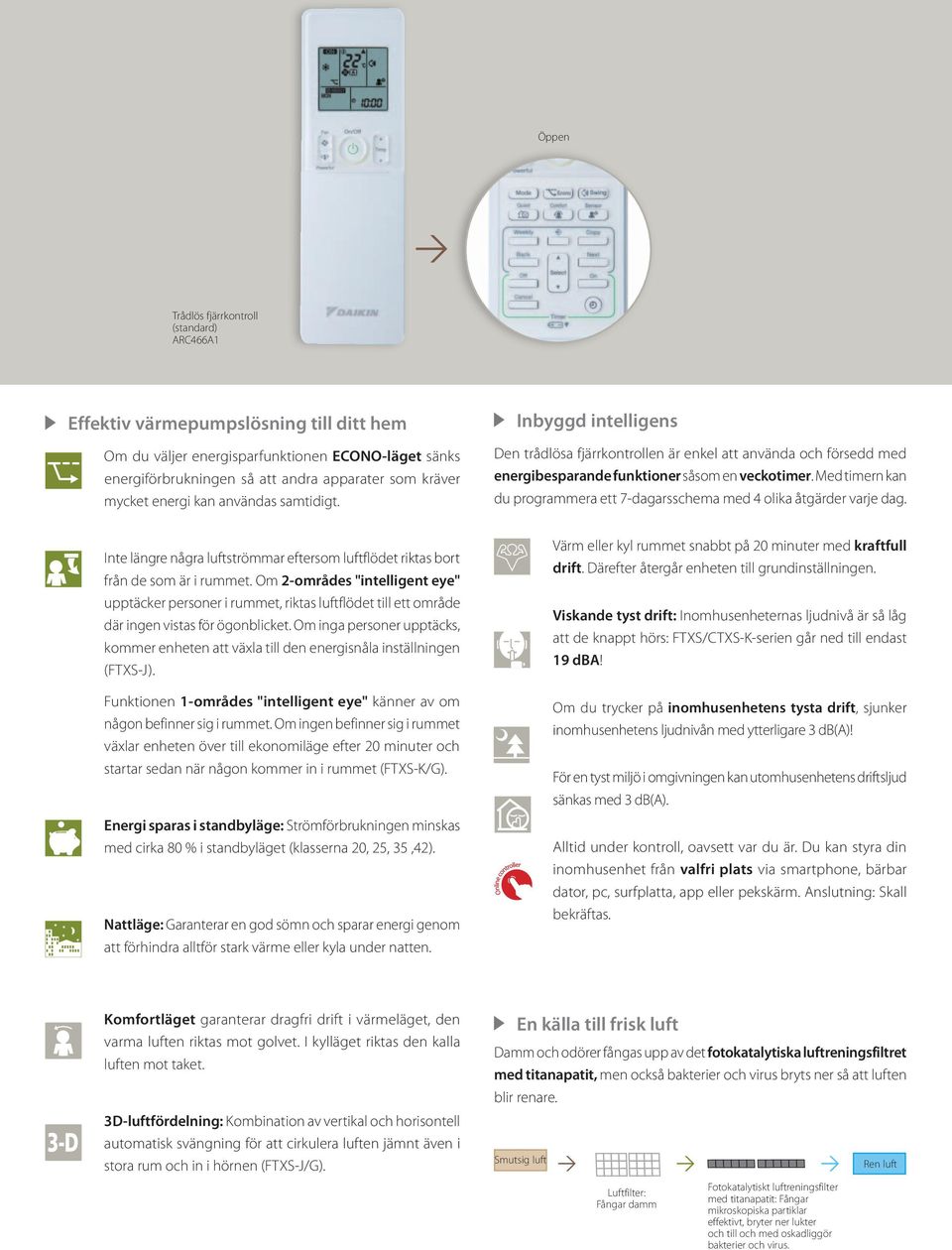 Med timern kan du programmera ett 7-dagarsschema med 4 olika åtgärder varje dag. Inte längre några luftströmmar eftersom luftflödet riktas bort från de som är i rummet.