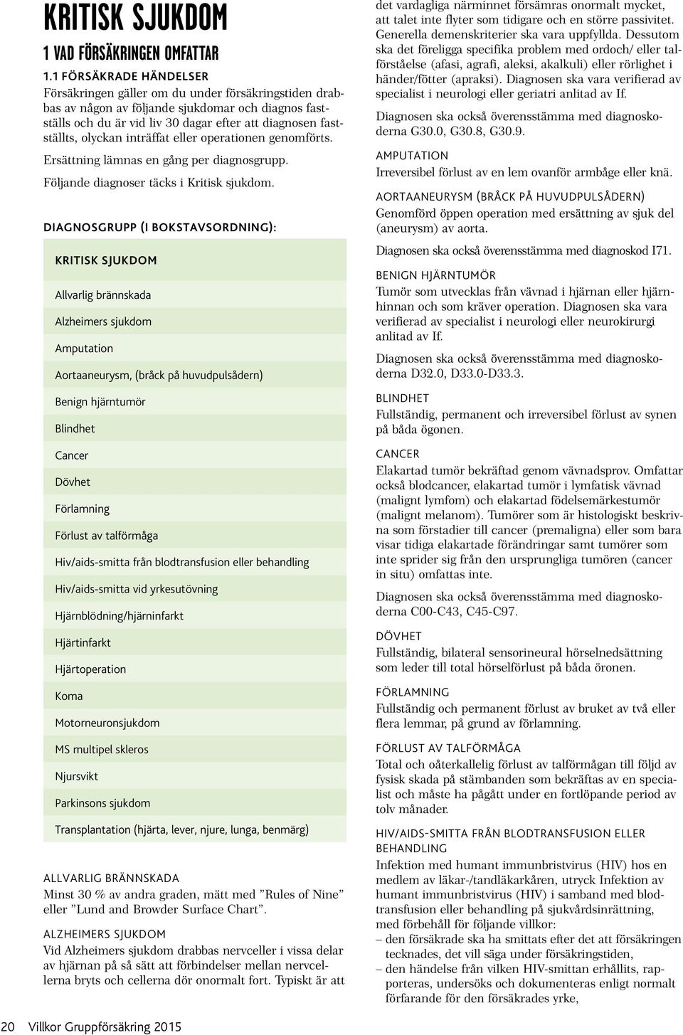 operationen genomförts. Ersättning lämnas en gång per diagnosgrupp. Följande diagnoser täcks i Kritisk sjukdom.