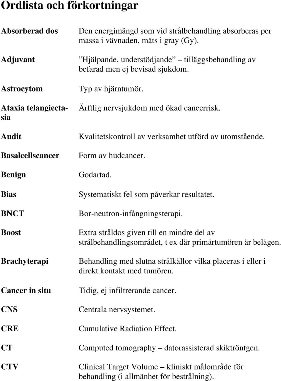 Ärftlig nervsjukdom med ökad cancerrisk. Kvalitetskontroll av verksamhet utförd av utomstående. Form av hudcancer. Godartad. Systematiskt fel som påverkar resultatet. Bor-neutron-infångningsterapi.