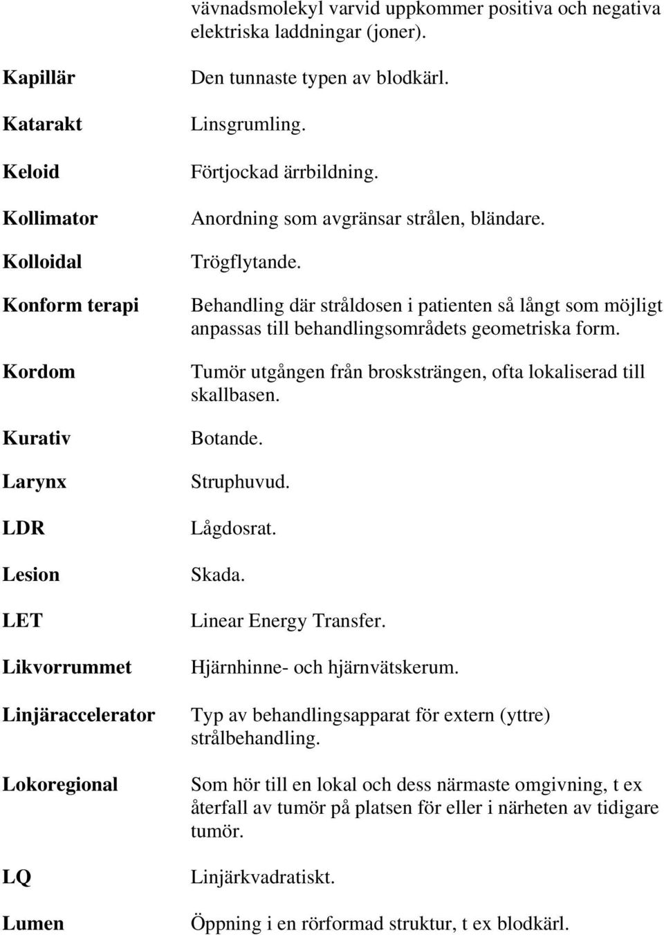 Förtjockad ärrbildning. Anordning som avgränsar strålen, bländare. Trögflytande. Behandling där stråldosen i patienten så långt som möjligt anpassas till behandlingsområdets geometriska form.