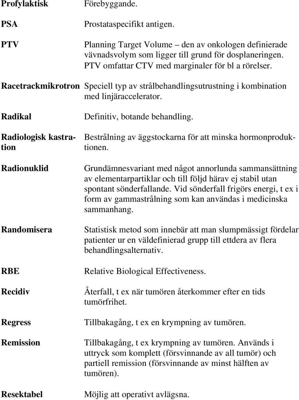 Bestrålning av äggstockarna för att minska hormonproduk- tionen. Radikal Radiologisk kastration Radionuklid Randomisera RBE Recidiv Regress Remission Resektabel Definitiv, botande behandling.