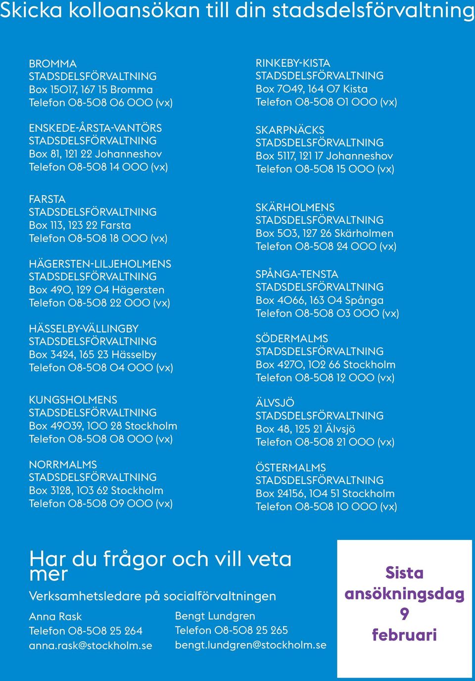 100 28 Stockholm Telefon 08-508 08 000 (vx) Norrmalms Box 3128, 103 62 Stockholm Telefon 08-508 09 000 (vx) Rinkeby-Kista Box 7049, 164 07 Kista Telefon 08-508 01 000 (vx) Skarpnäcks Box 5117, 121 17