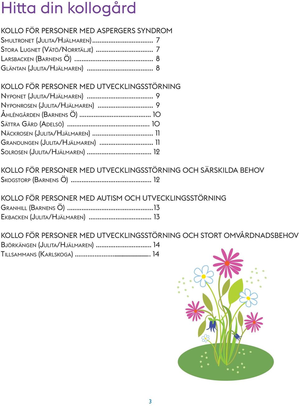 .. 11 Grandungen (Julita/Hjälmaren)... 11 Solrosen (Julita/Hjälmaren)... 12 KOLLO FÖR PERSONER MED UTVECKLINGSSTÖRNING OCH SÄRSKILDA BEHOV Skogstorp (Barnens Ö).