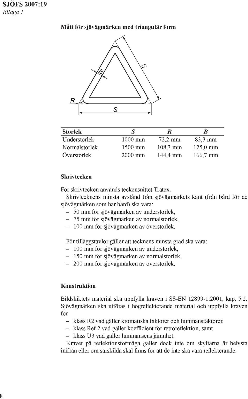 Skrivtecknens minsta avstånd från sjövägmärkets kant (från bård för de sjövägmärken som har bård) ska vara: 50 mm för sjövägmärken av understorlek, 75 mm för sjövägmärken av normalstorlek, 100 mm för