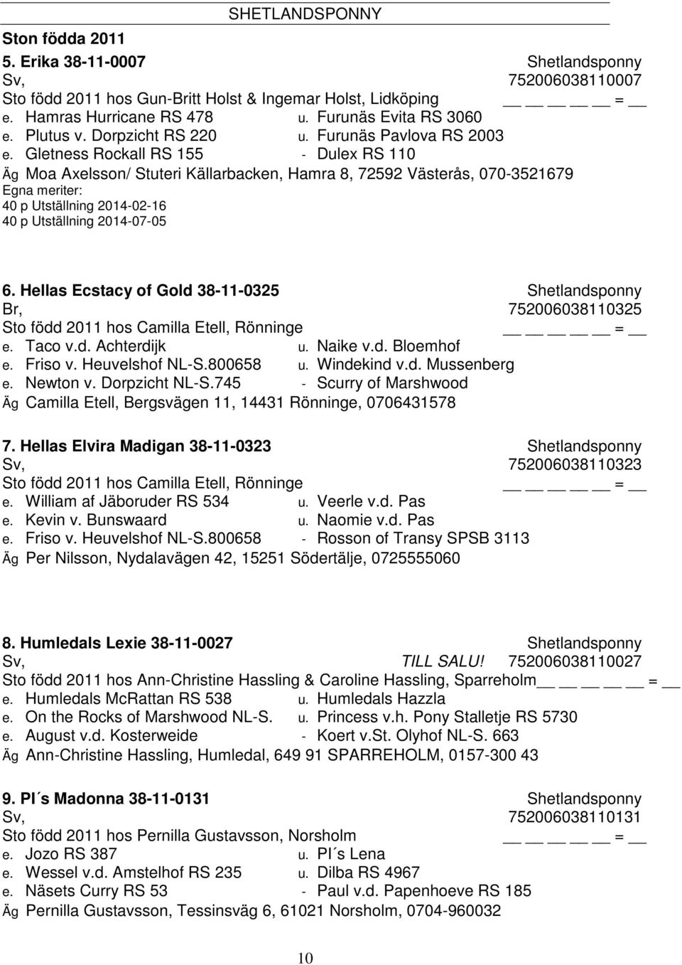 Gletness Rockall RS 155 - Dulex RS 110 Äg Moa Axelsson/ Stuteri Källarbacken, Hamra 8, 72592 Västerås, 070-3521679 Egna meriter: 40 p Utställning 2014-02-16 40 p Utställning 2014-07-05 6.