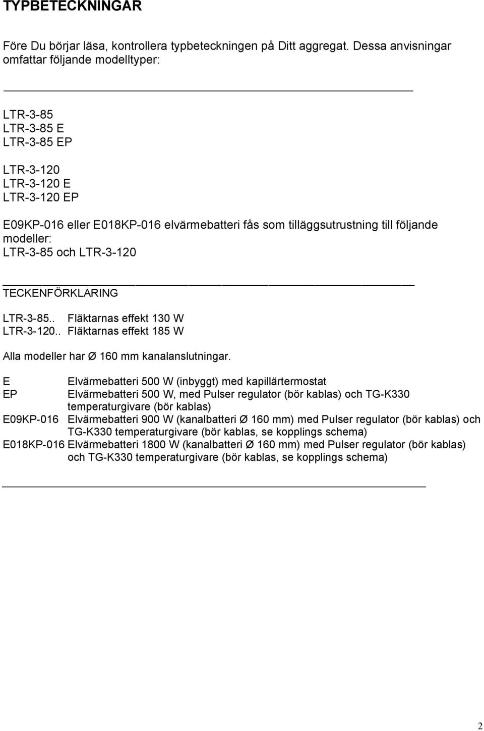 modeller: LTR-3-85 och LTR-3-120 TECKENFÖRKLARING LTR-3-85.. Fläktarnas effekt 130 W LTR-3-120.. Fläktarnas effekt 185 W Alla modeller har Ø 160 mm kanalanslutningar.