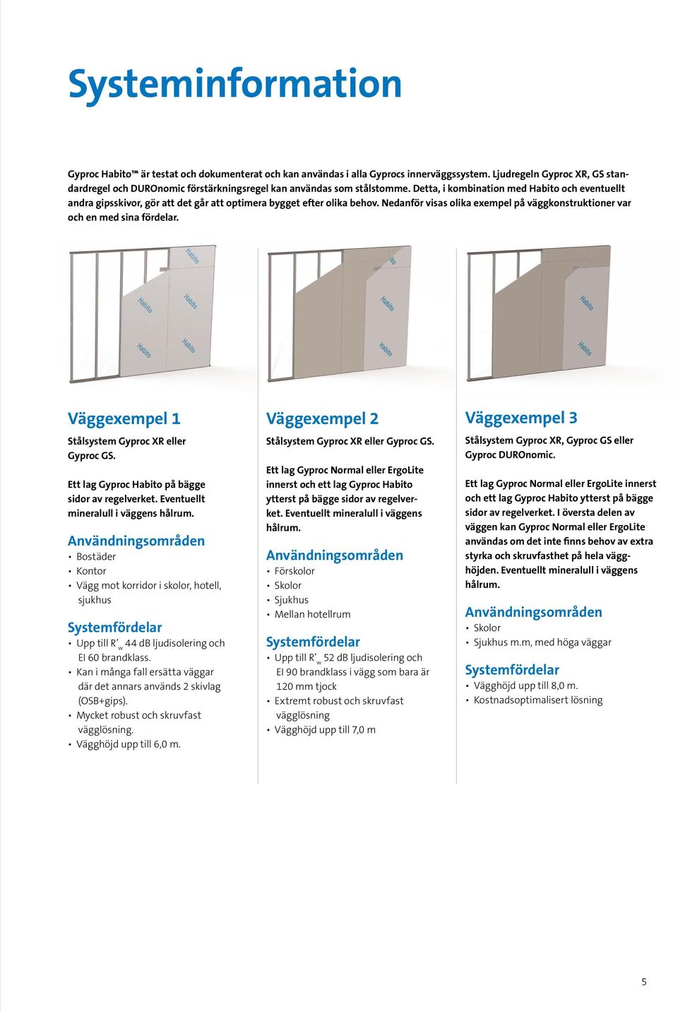 Detta, i kombination med Habito och eventuellt andra gipsskivor, gör att det går att optimera bygget efter olika behov. Nedanför visas olika exempel på väggkonstruktioner var och en med sina fördelar.