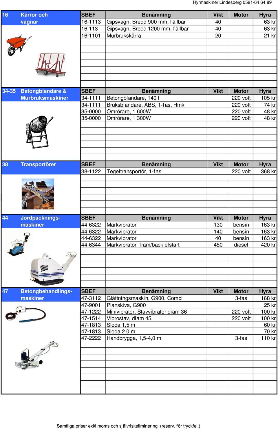 volt 48 kr 35-0000 Omrörare, 1 300W 220 volt 48 kr 38 Transportörer SBEF Benämning Vikt Motor Hyra 38-1122 Tegeltransportör, 1-fas 220 volt 368 kr 44 Jordpacknings- SBEF Benämning Vikt Motor Hyra