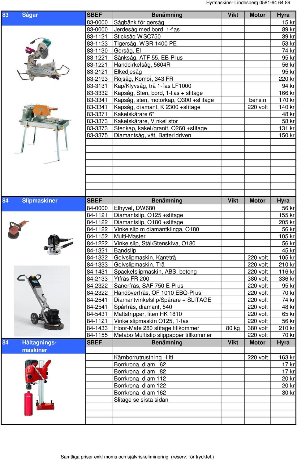 Kapsåg, Sten, bord, 1-f as + slitage 166 kr 83-3341 Kapsåg, sten, motorkap, O300 +sl itage bensin 170 kr 83-3341 Kapsåg, diamant, K 2300 +sl itage 220 volt 140 kr 83-3371 Kakelskärare 6" 48 kr