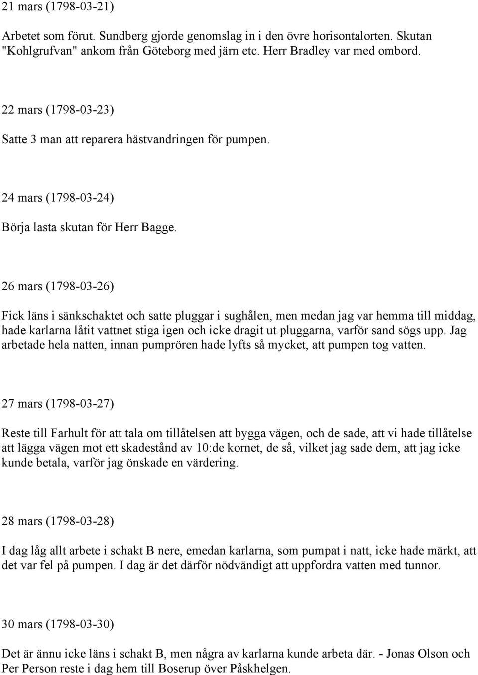 26 mars (1798-03-26) Fick läns i sänkschaktet och satte pluggar i sughålen, men medan jag var hemma till middag, hade karlarna låtit vattnet stiga igen och icke dragit ut pluggarna, varför sand sögs