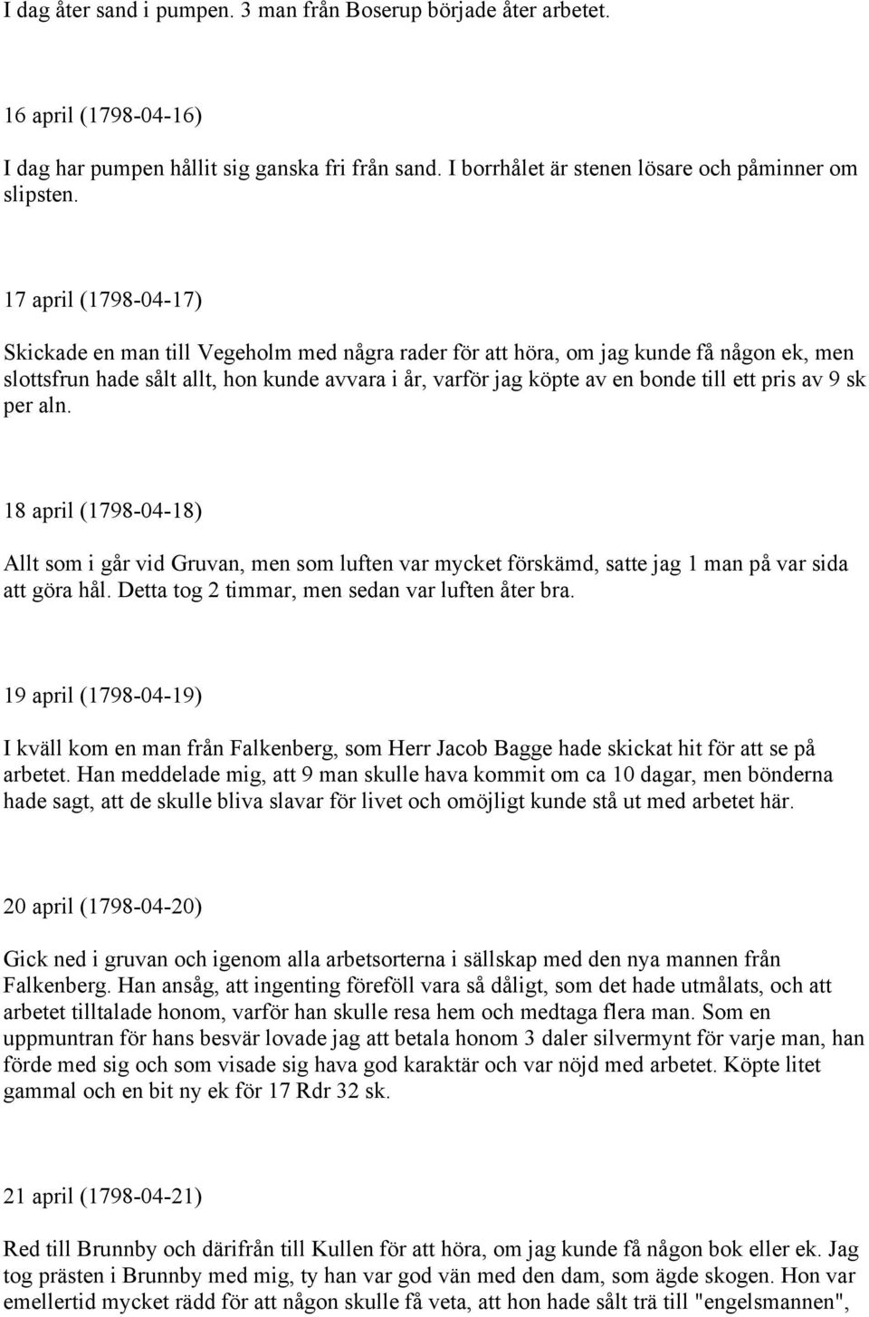 pris av 9 sk per aln. 18 april (1798-04-18) Allt som i går vid Gruvan, men som luften var mycket förskämd, satte jag 1 man på var sida att göra hål. Detta tog 2 timmar, men sedan var luften åter bra.