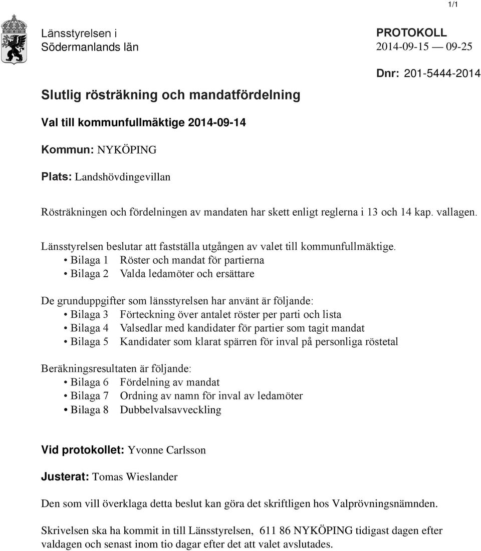 Bilaga 1 Röster och mandat för partierna Bilaga 2 Valda ledamöter och ersättare De grunduppgifter som länsstyrelsen har använt är följande: Bilaga 3 Förteckning över antalet röster per parti och