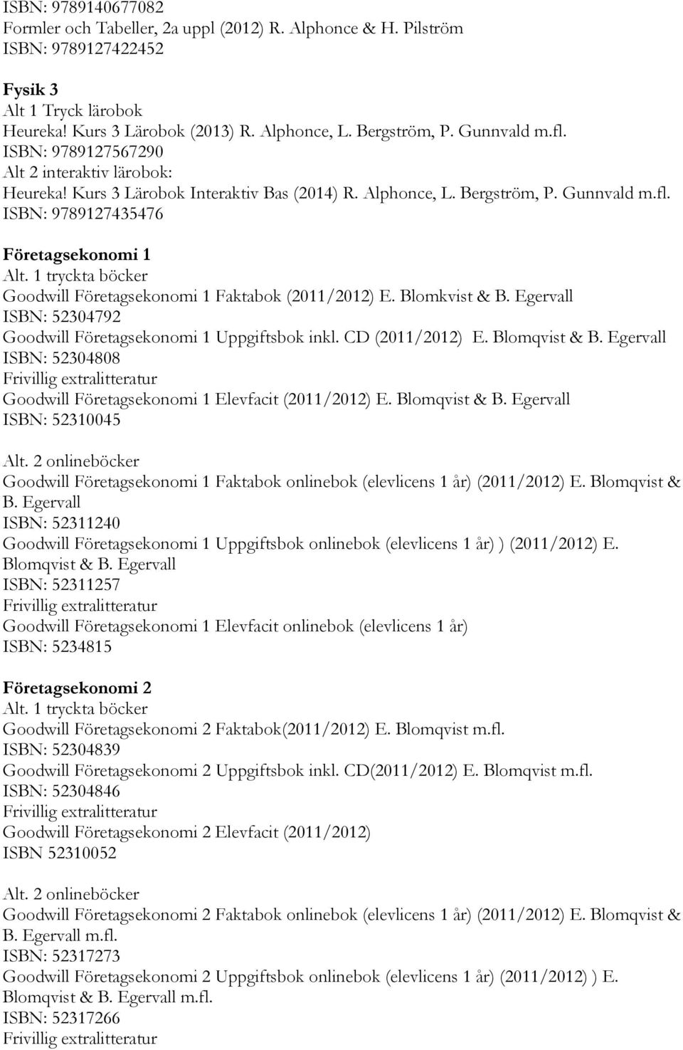 1 tryckta böcker Goodwill Företagsekonomi 1 Faktabok (2011/2012) E. Blomkvist & B. Egervall ISBN: 52304792 Goodwill Företagsekonomi 1 Uppgiftsbok inkl. CD (2011/2012) E. Blomqvist & B.