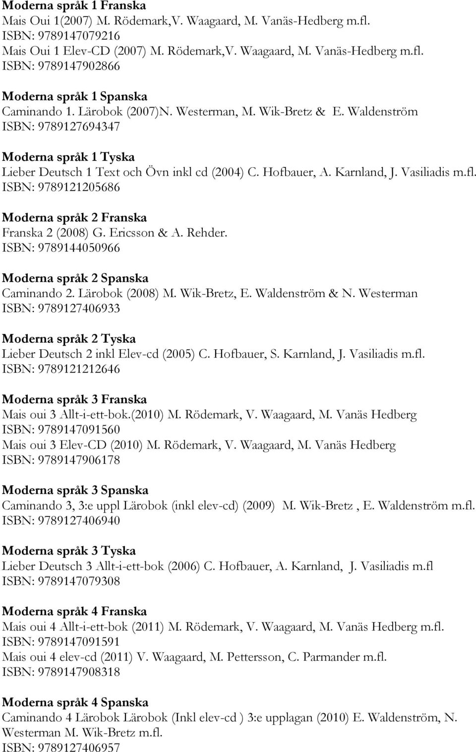 ISBN: 9789121205686 Moderna språk 2 Franska Franska 2 (2008) G. Ericsson & A. Rehder. ISBN: 9789144050966 Moderna språk 2 Spanska Caminando 2. Lärobok (2008) M. Wik-Bretz, E. Waldenström & N.