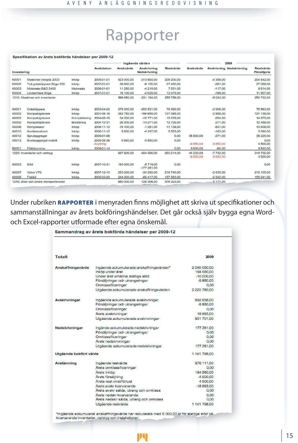 specifikationer och sammanställningar av årets bokföringshändelser.