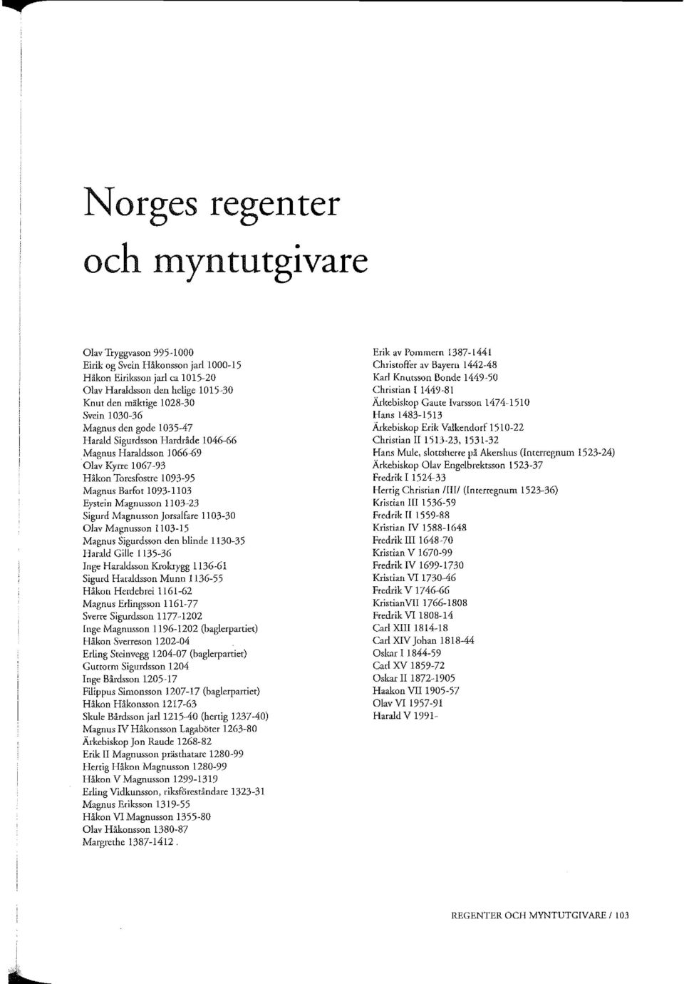 sson Hardråde 1046-66 Magnus Haraldsson 1066-69 Olav Kyrre 1067-93 Håkan Toresfosrre 1093-95 Magnus Barfot 1093-1103 EYSlein Magl1usson 1103-23 Sigurd Magnusson )orsalfare 1103-30 Olav Magnusson