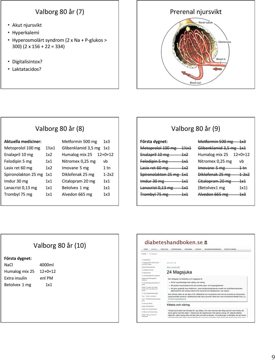 Mebormin 500 mg 1x3 Glibenklamid 3,5 mg 1x1 Humalog mix 25 12+0+12 Nitromex 0,25 mg vb Imovane 5 mg 1 tn Diklofenak 25 mg 1-2x2 Citalopram 20 mg 1x1 Betolvex 1 mg 1x1 Alvedon 665 mg 1x3 Valborg 80 år