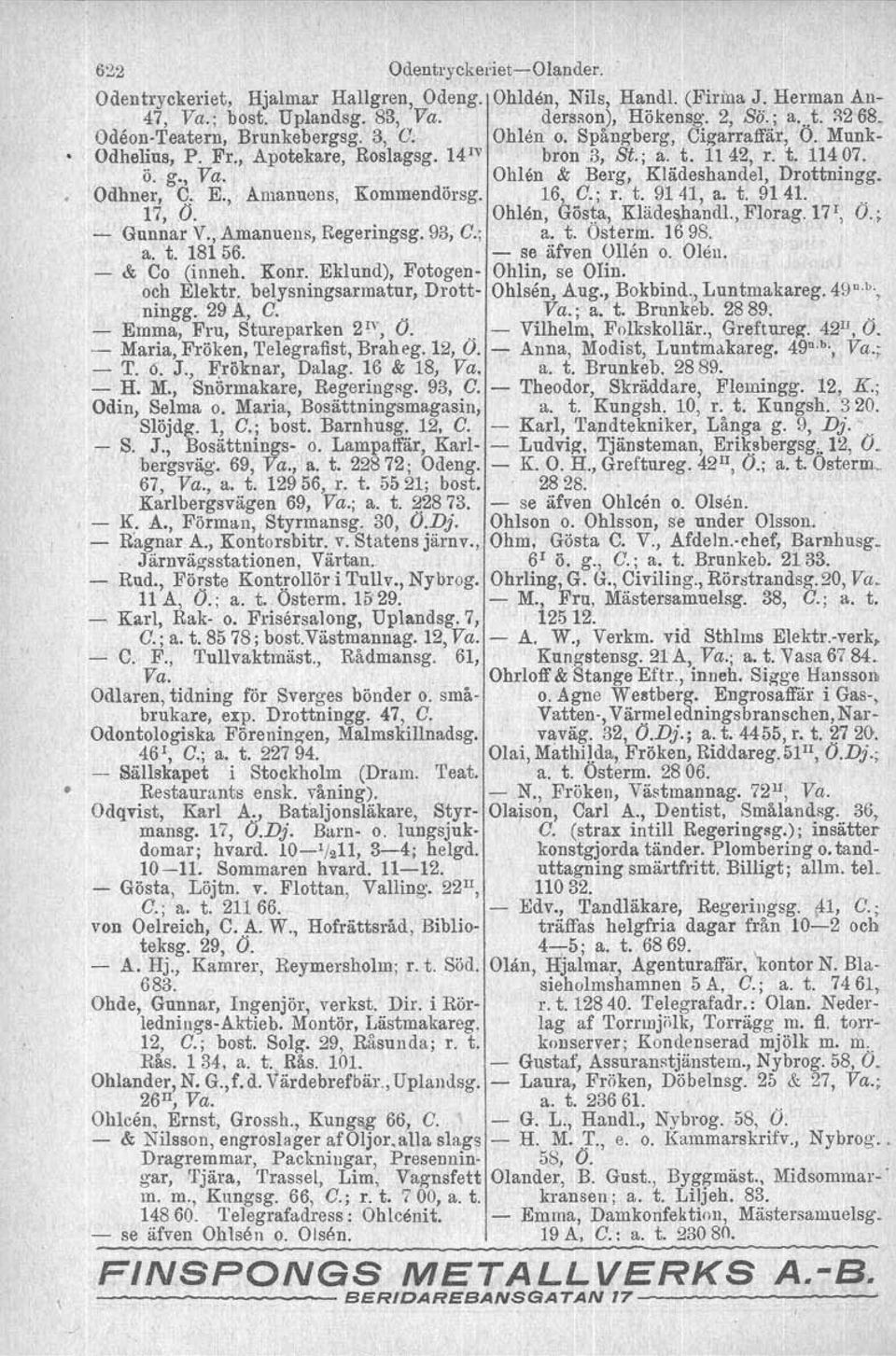 . ' Ohlen & Berg, Klädeshandel, Drottningg. Odhner, q. E., Amanuens, Kommendörsg. 16, O.; r. t. 9141, a. t. 91 41.. 17, O. Ohlen, Gösta, Klädes)J.andl.,Florag.17 r, O.; - Gunnar V.