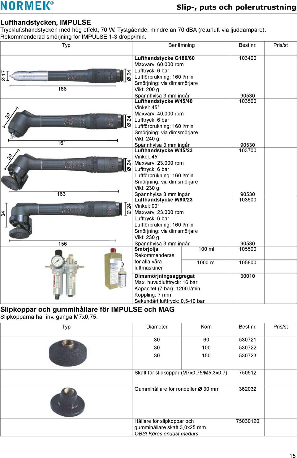 000 rpm Lufttryck: 6 bar Luftförbrukning: 160 l/min Smörjning: via dimsmörjare Vikt: 200 g. Spännhylsa 3 mm ingår Lufthandstycke W45/40 Vinkel: 45 Maxvarv: 40.