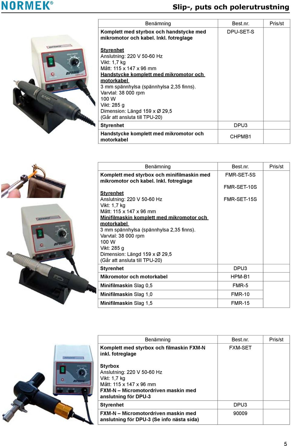 Varvtal: 38 000 rpm 100 W Vikt: 285 g Dimension: Längd 159 x Ø 29,5 (Går att ansluta till TPU-20) Styrenhet Handstycke komplett med mikromotor och motorkabel DPU3 CHPMB1 Benämning Komplett med