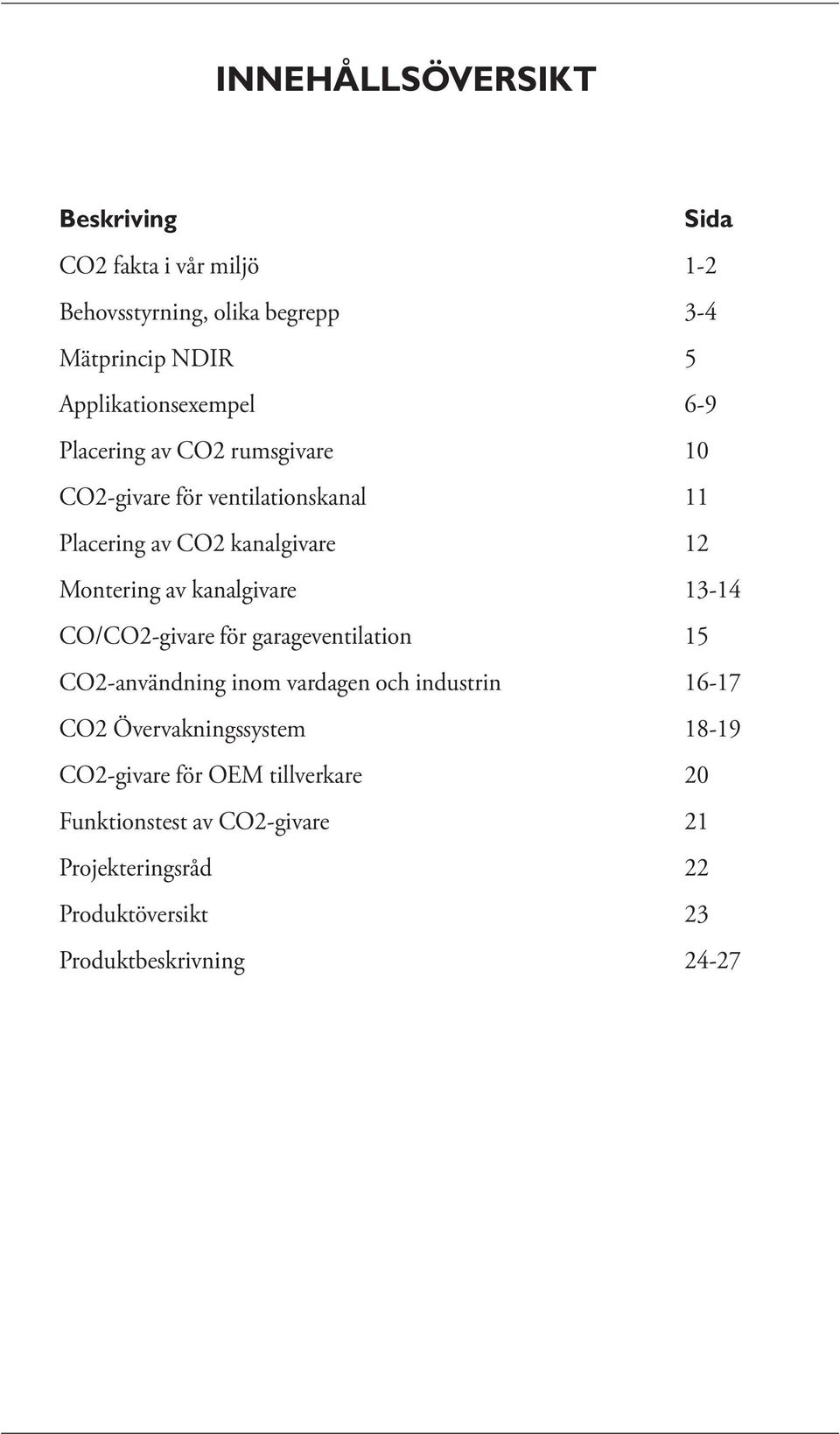 Montering av kanalgivare 13-14 CO/CO2-givare för garageventilation 15 CO2-användning inom vardagen och industrin 16-17 CO2