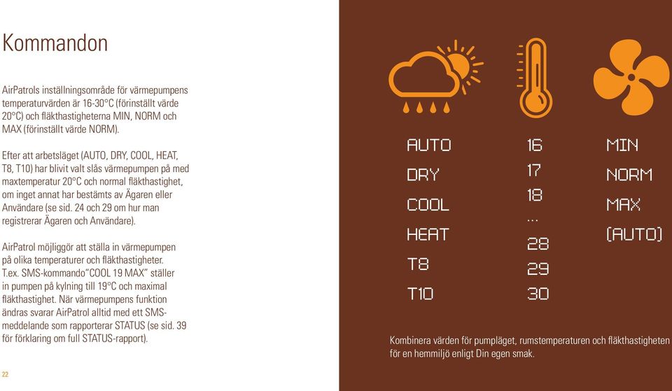 sid. 24 och 29 om hur man registrerar Ägaren och Användare). AirPatrol möjliggör att ställa in värmepumpen på olika temperaturer och fläkthastigheter. T.ex.