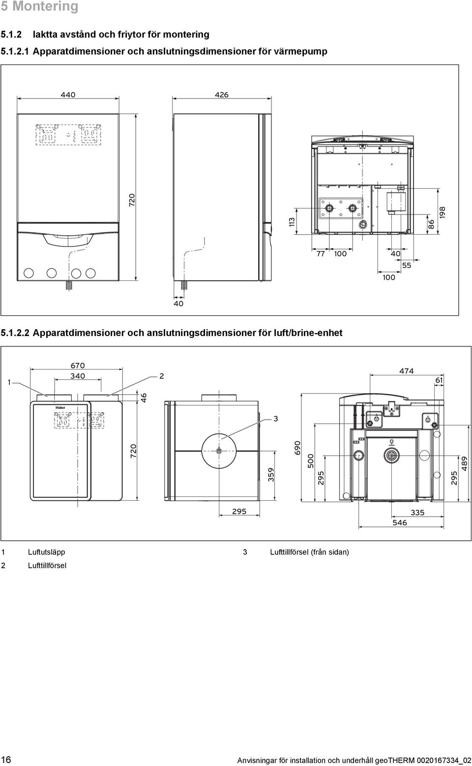 .. Apparatdimensioner och anslutningsdimensioner för luft/brine-enhet 670 40 474 6 70 59 95 500