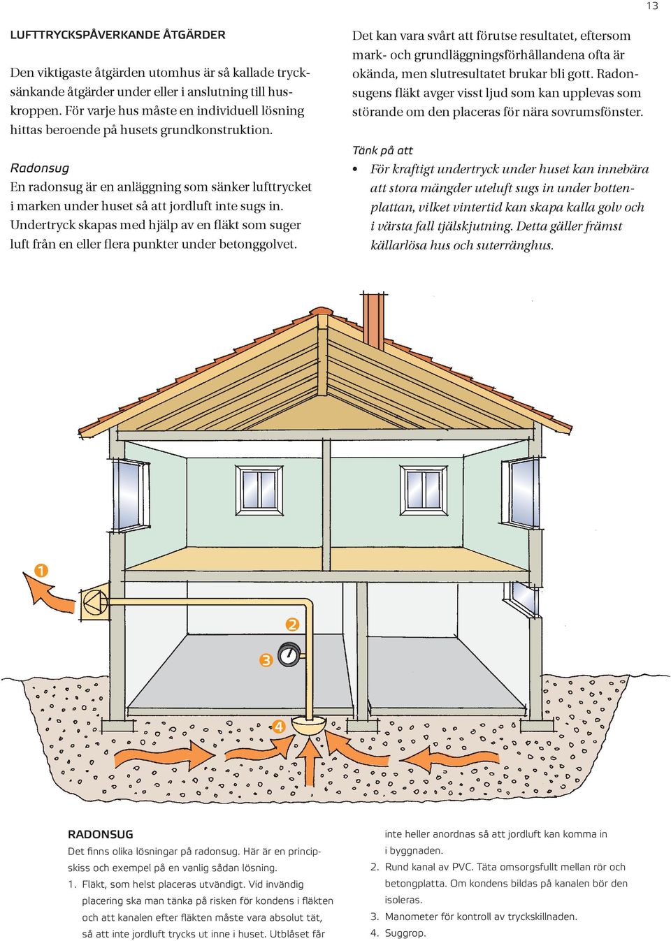 Undertryck skapas med hjälp av en fläkt som suger luft från en eller flera punkter under betonggolvet.