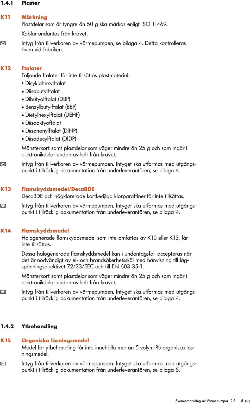 K12 Ftalater Följande ftalater får inte tillsättas plastmaterial: Dicyklohexylftalat l Diisobutylftalat l Dibutyolftalat (DBP) l Benzylbutylftalat (BBP) l Dietylhexylftalat (DEHP) l Diisooktyoftalat