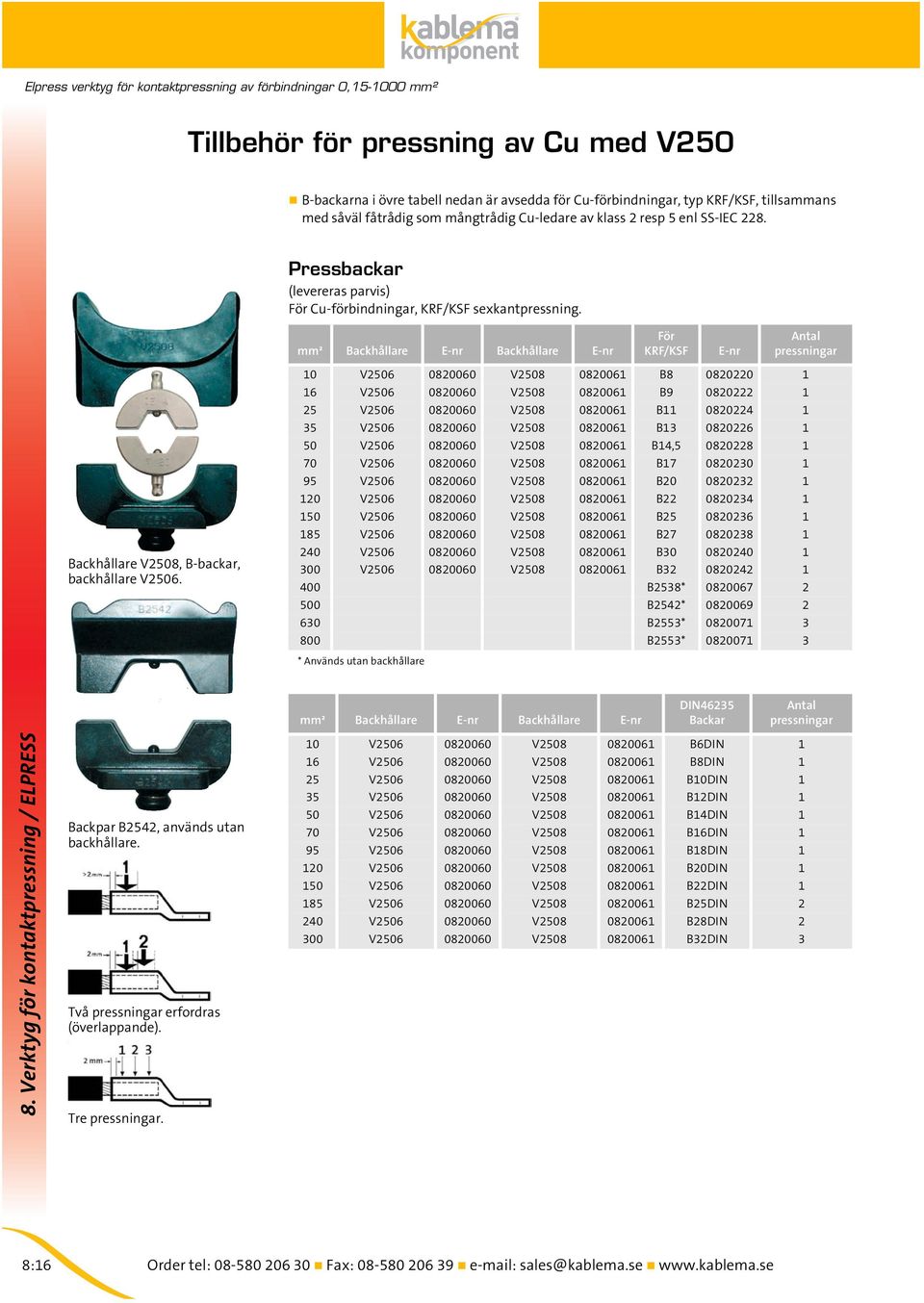 mm² Backhållare E-nr Backhållare E-nr För KRF/KSF E-nr 10 V2506 0820060 V2508 0820061 B8 0820220 1 16 V2506 0820060 V2508 0820061 B9 0820222 1 25 V2506 0820060 V2508 0820061 B11 0820224 1 35 V2506