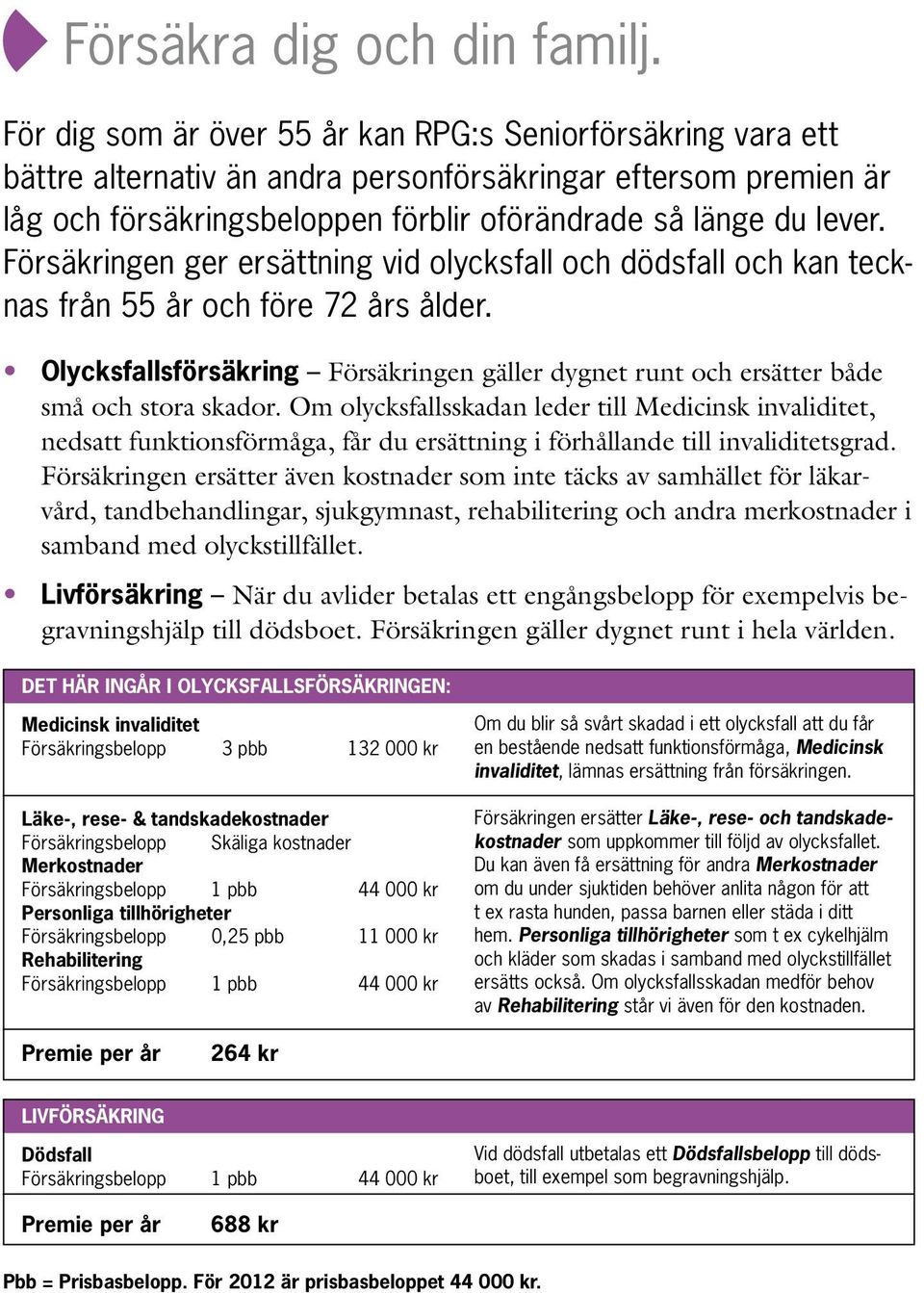 Försäkringen ger ersättning vid olycksfall och dödsfall och kan tecknas från 55 år och före 72 års ålder. Olycksfallsförsäkring Försäkringen gäller dygnet runt och ersätter både små och stora skador.