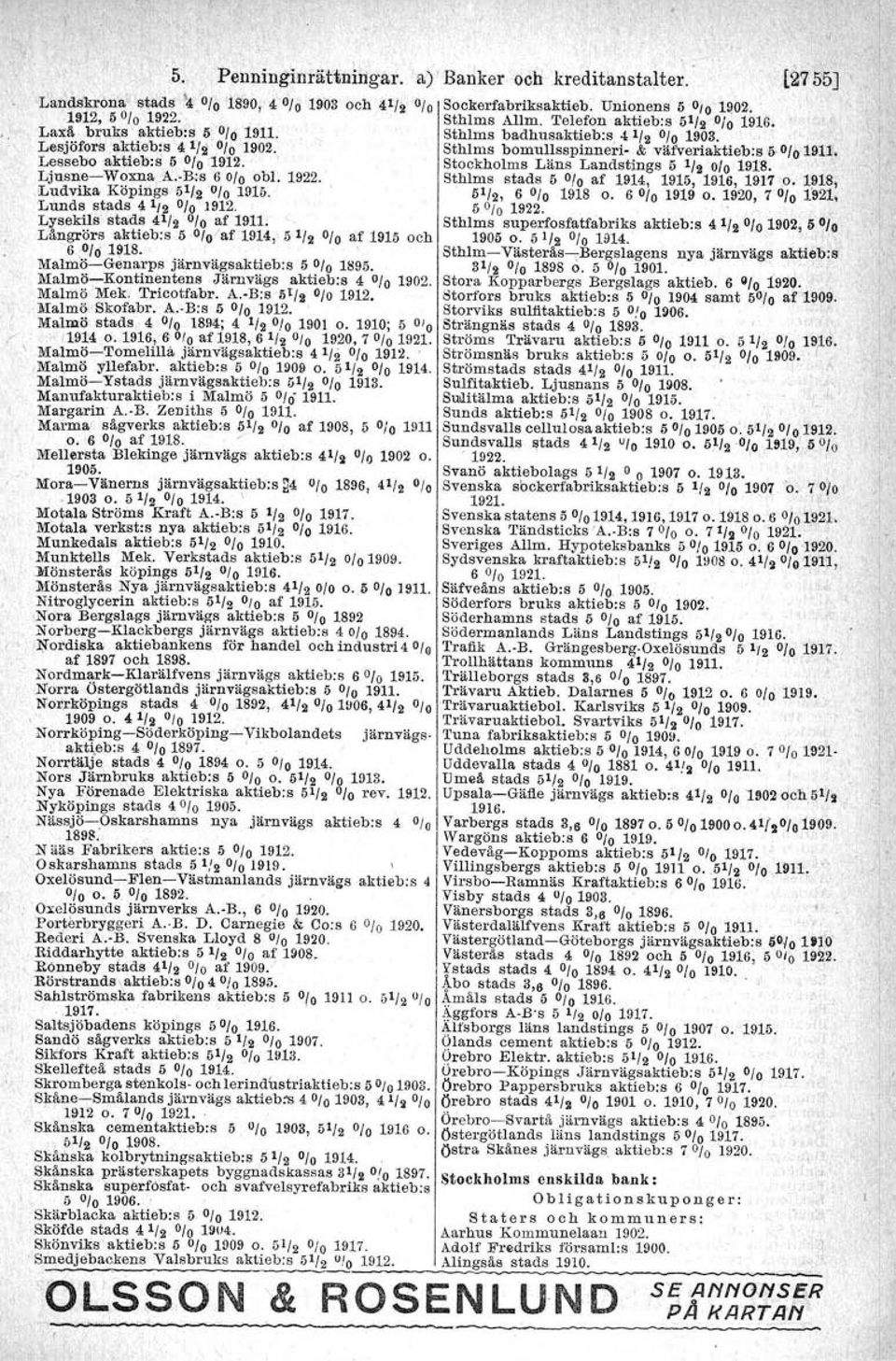 Stockholms Läns Landstings 5 1/ 2 % 1918. Ljusne-Woxna.A. B:s 6 % obl. 1922. Sthlm s stads 5 010af 1914, 1915, 1916, 1917 o. 1918, Ludvika Köpings 5 1 /2 % 1910. Öl/2, 6 % 1918 o. 6 % 1919 o.