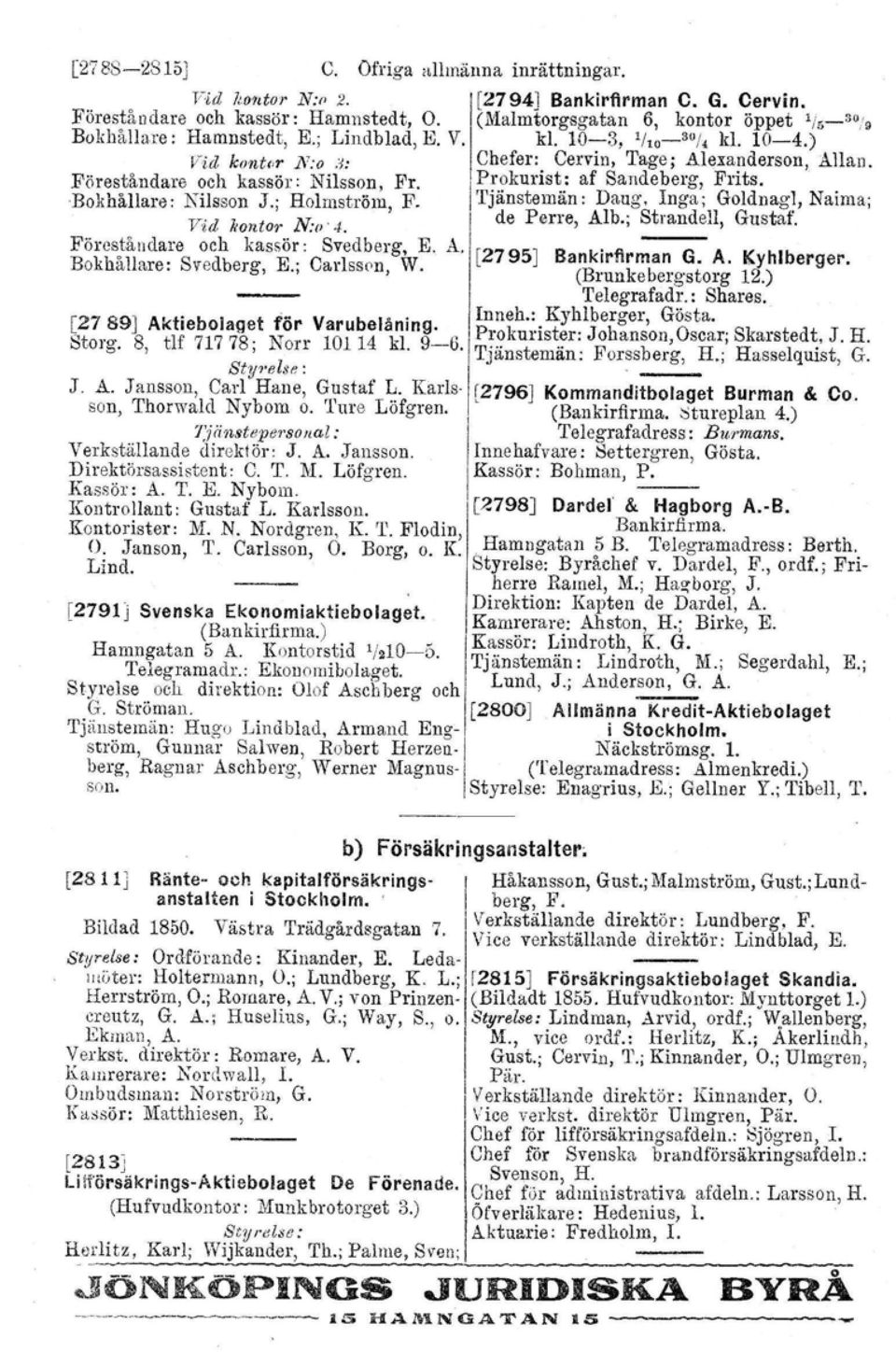 Föreståndare och kassör: Nilsson Pr. Prokurist: af Sandeberg, Frits. Bokhållare: Kilsson J.; Holrnströl;, F. Tjänstemän: Daug. Inga; Goldnag), Naima; Vid kontor N:» 4. de Perre, Alb.