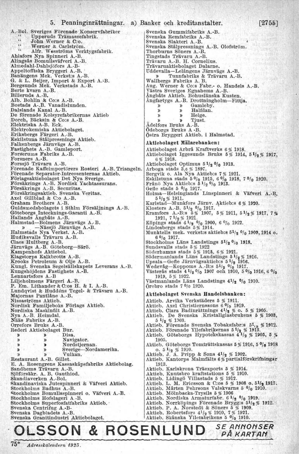 Alingsås. Bomullsväfveri A.-B. Trävaru A.-B. H. Oornelius. Almedahl-Dahlsjöfors A.-B Trävaruaktiebolaget Dalarne. Appeltofftska Bryggeri A. B. ' Uddevalla-Lelångens Järnvägs A.-B. Banängens Mek.