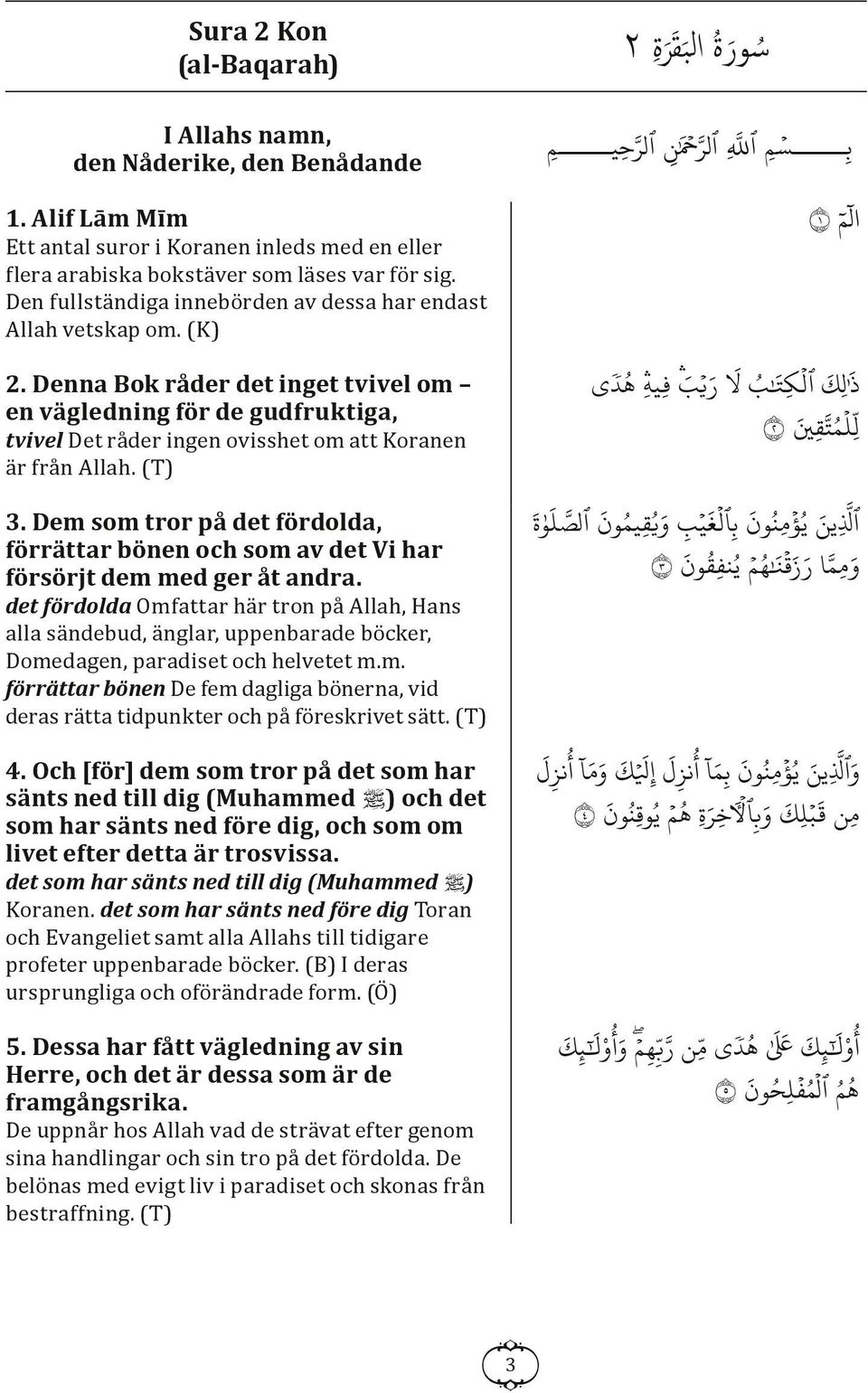 Denna Bok råder det inget tvivel om en vägledning för de gudfruktiga, tvivel Det råder ingen ovisshet om att Koranen är från Allah. (T) 3.