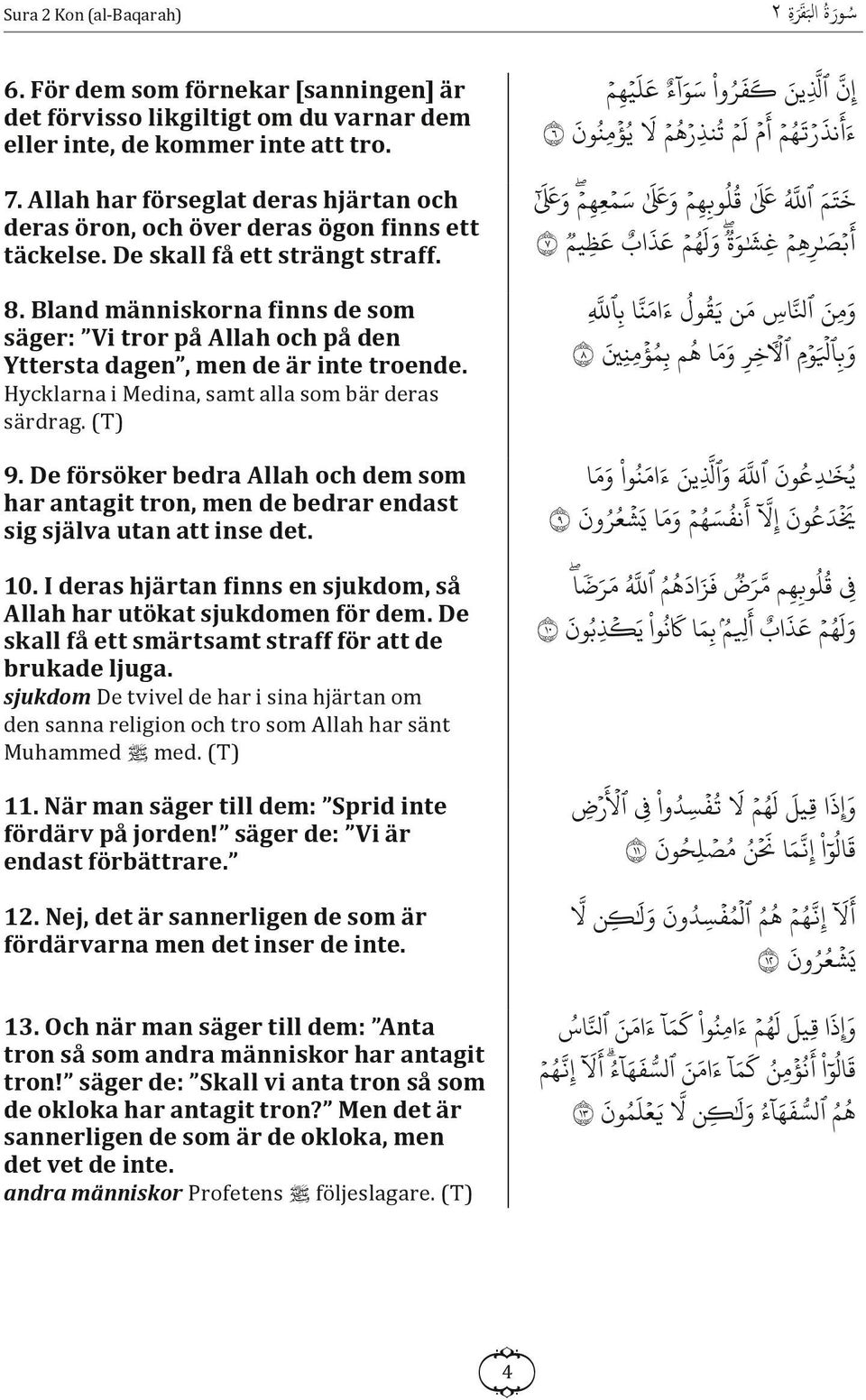 Bland människorna finns de som säger: Vi tror på Allah och på den Yttersta dagen, men de är inte troende. Hycklarna i Medina, samt alla som bär deras särdrag. (T) 9.