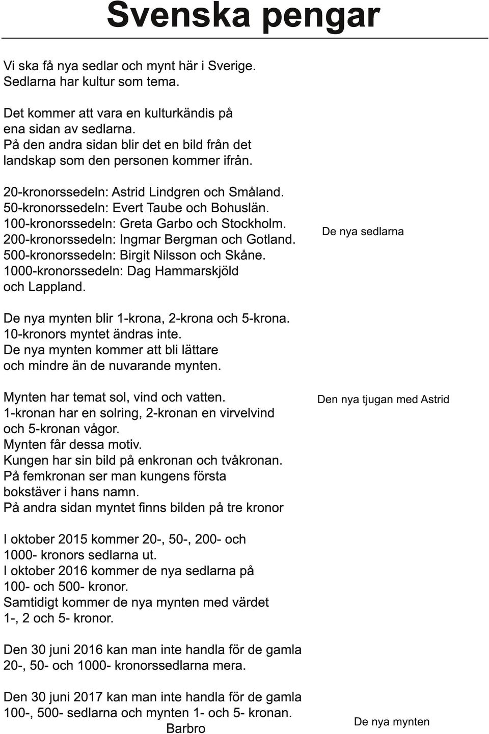 1 00-kronorssedeln: Greta Garbo och Stockholm. 200-kronorssedeln: Ingmar Bergman och Gotland. 500-kronorssedeln: Birgit Nilsson och Skåne. 1 000-kronorssedeln: Dag Hammarskjöld och Lappland.